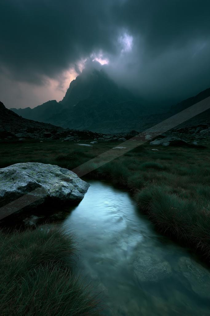 A black-toned moody photograph of valley, volcano, mountain tent.