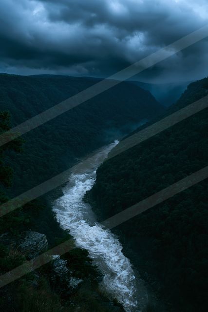 A moody high contrast water scene of a river, fog.