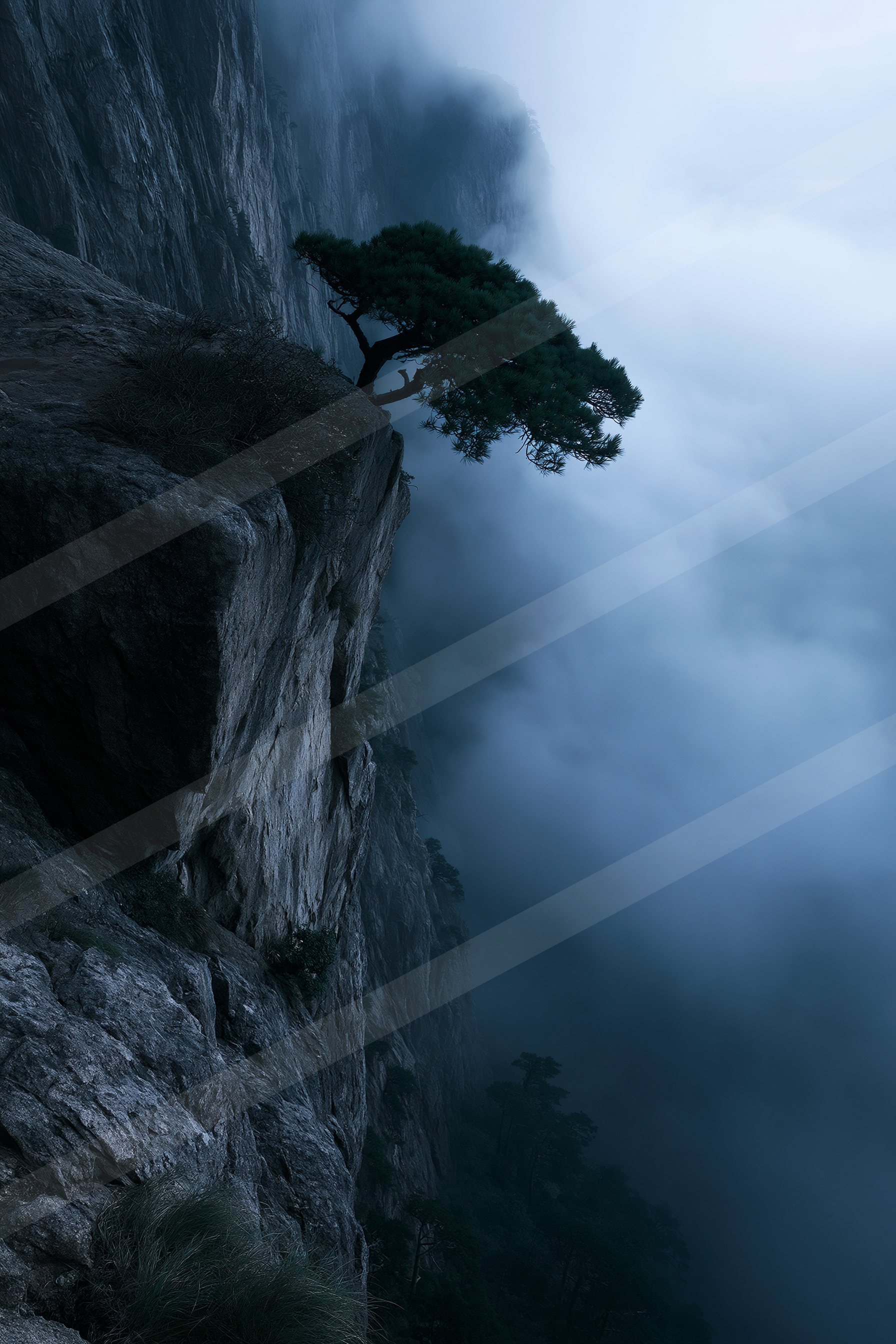 A mysterious high contrast landscape of a cliff, fog.
