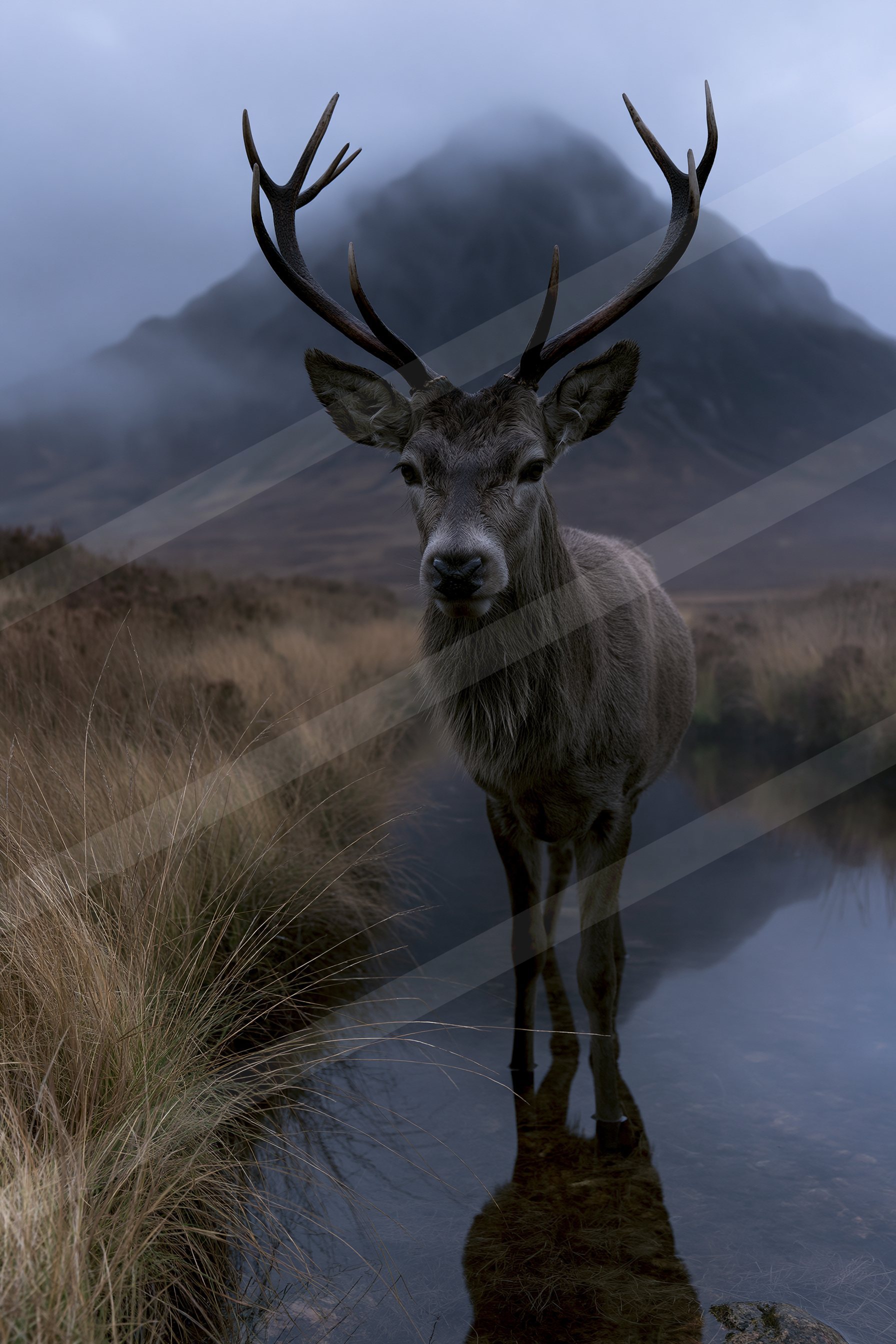 A large stag stands near a pond, its reflection visible as misty mountains loom in the background.