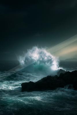A dramatic sky scene of storm, ocean.