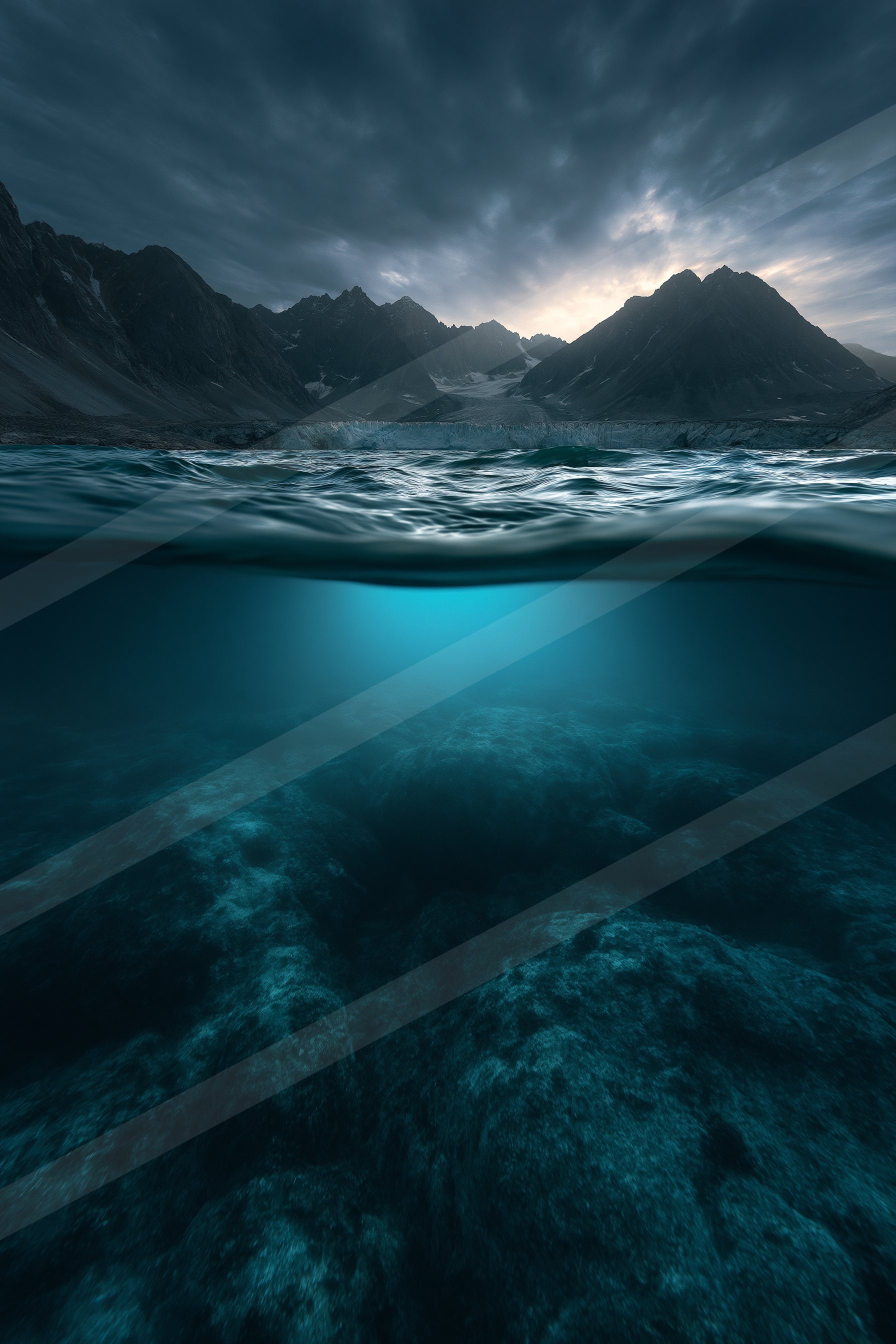 An ethereal panorama water scene of an underwater, ripples.