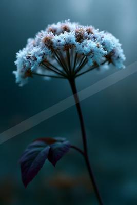 A single flower head covered in white frost stands on a dark stem against a moody blue blurred background, with a purple leaf visible below.