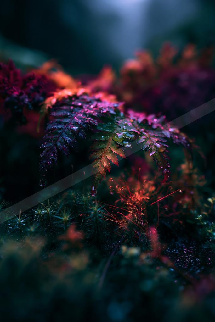 A moody nature scene of plants, flowers, abstract texture.