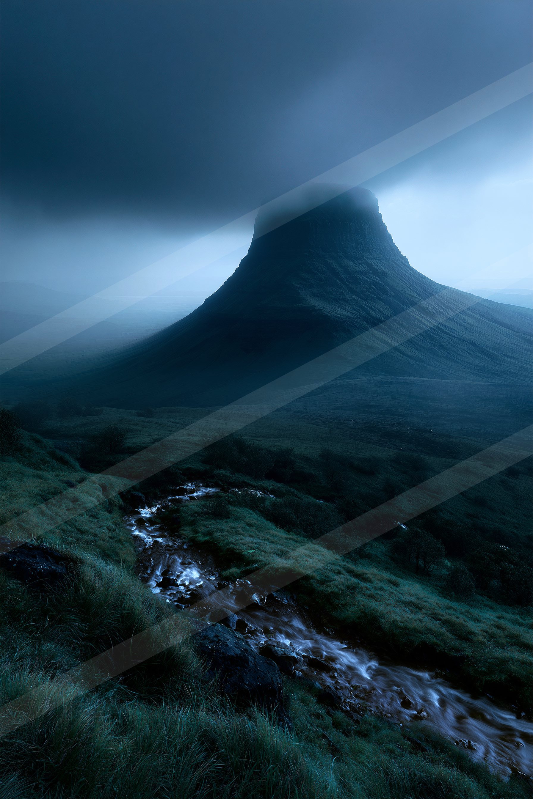 A mysterious long exposure landscape of a volcano, fog.