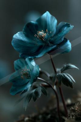 Two vibrant blue anemone flowers with orange centers and water droplets on petals, set against a dark blurred background.