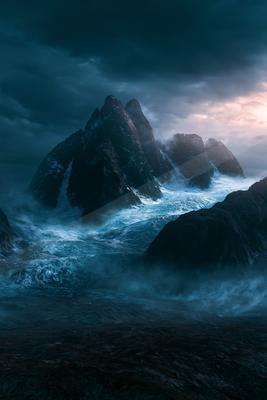 A dramatic water scene of ocean, storm, mountains.