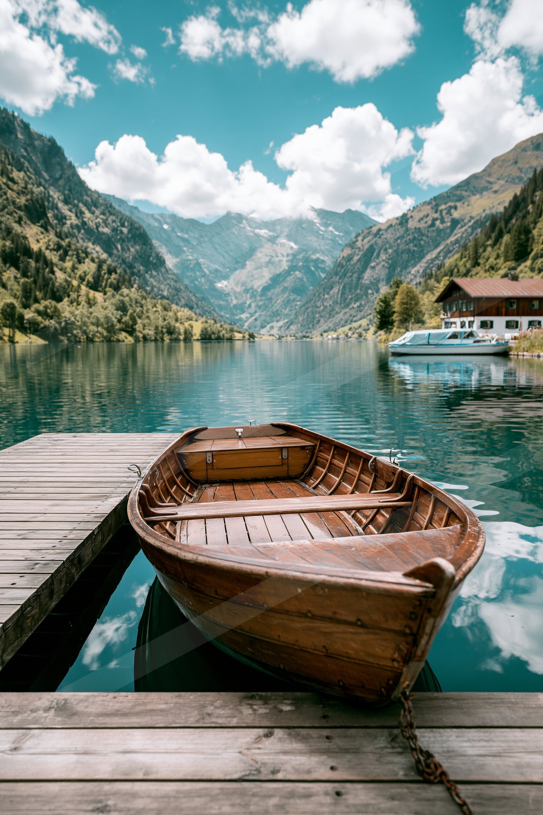A serene panorama still life of a boat, reflection.