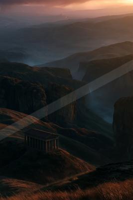 A black-and-white moody landscape of mountains, valley, desert.