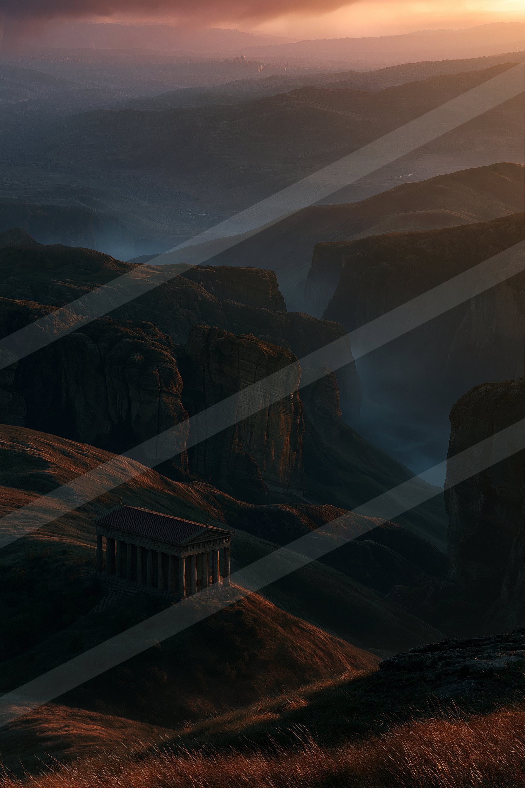 A black-and-white mysterious panorama landscape of a plateau, fog.