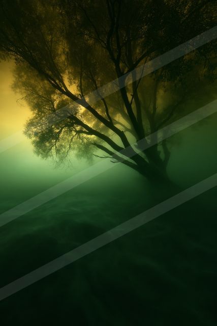 A mysterious high contrast water scene of an underwater, fog.