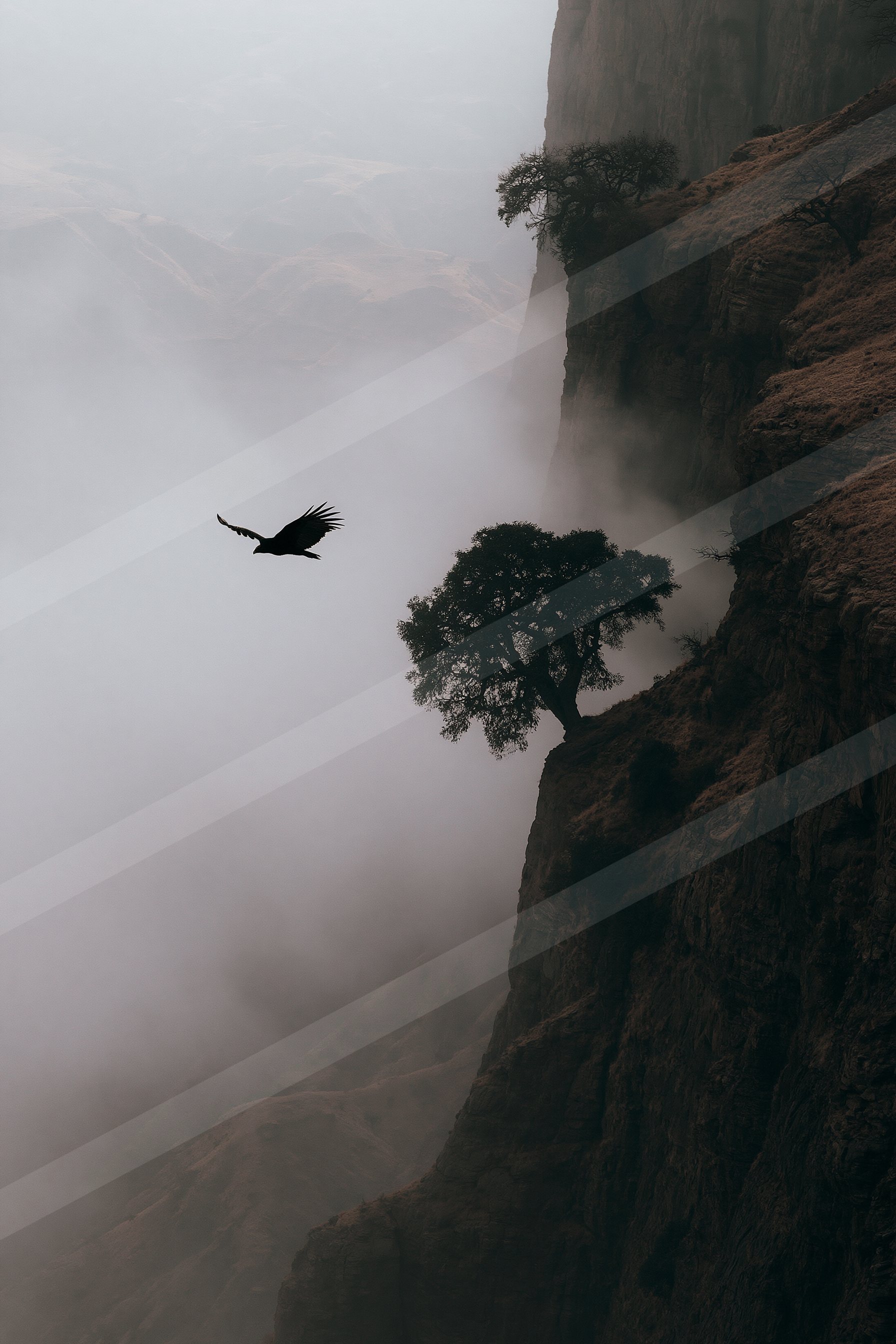 A black-and-white mysterious negative space landscape of a cliff, fog.