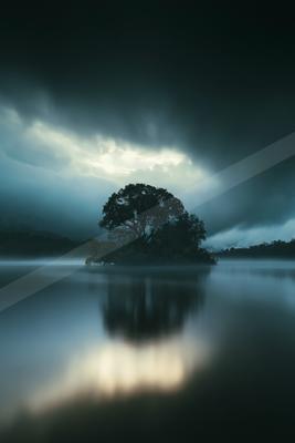 A lone tree stands on a small island, mirrored perfectly in the calm waters below, under an ominous sky filled with dark clouds and streaks of light.