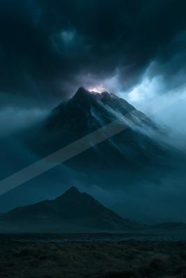 A night landscape of a volcano, dust.
