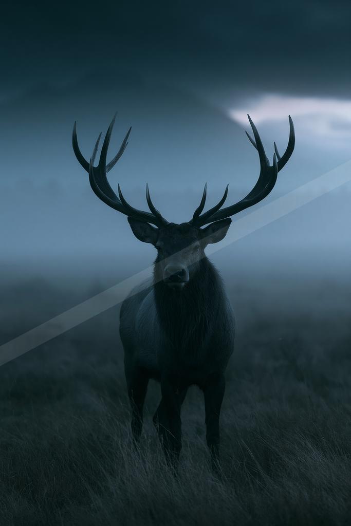 A large dark elk with impressive antlers stands facing the camera in a misty grassy field under a dark, cloudy sky.