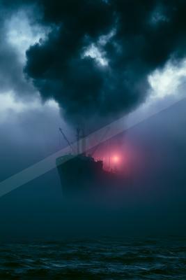 A black-toned moody photograph of pirate, wreck, drilling platform.