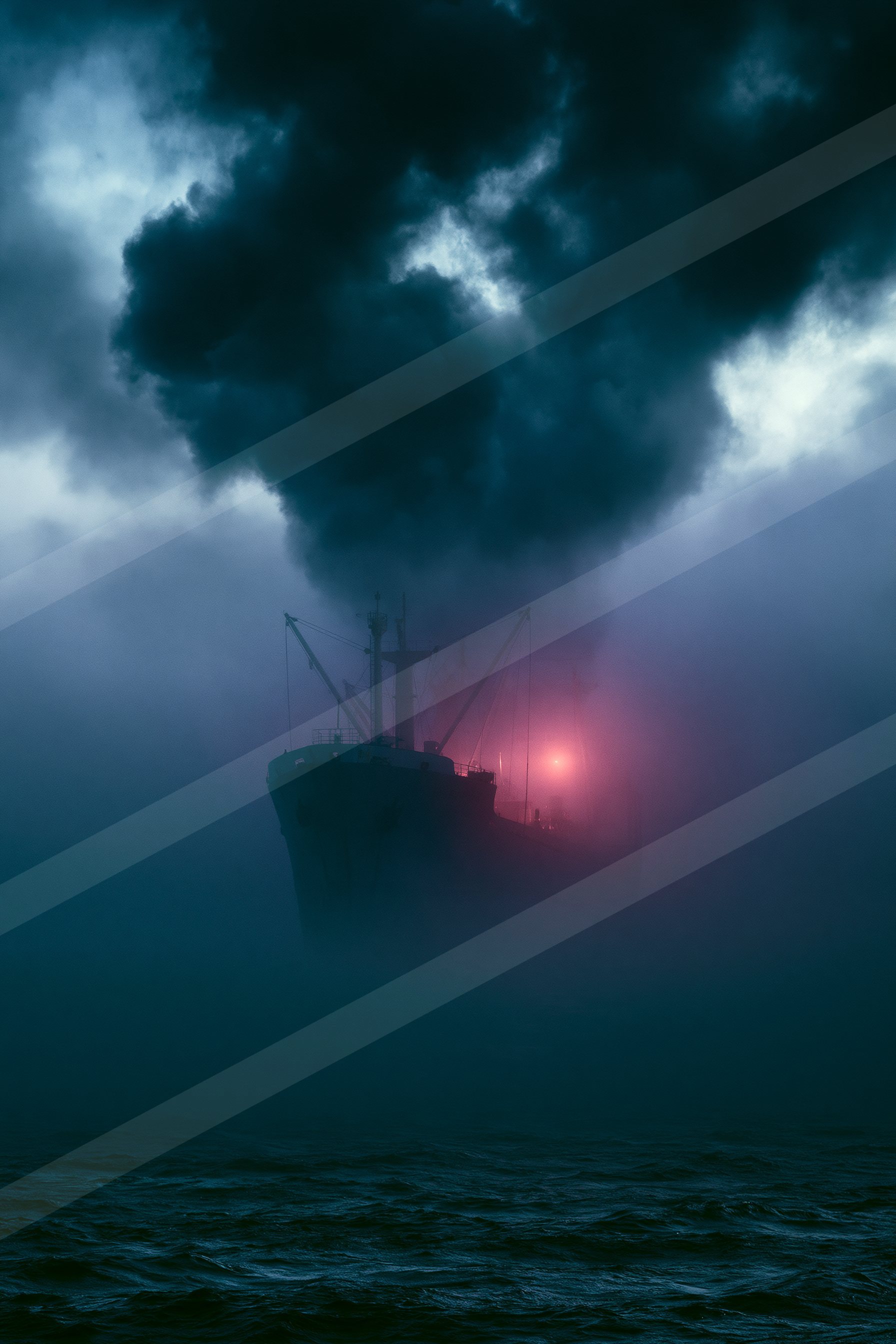 A large ship emerges from dense fog under a moody sky with dark clouds.