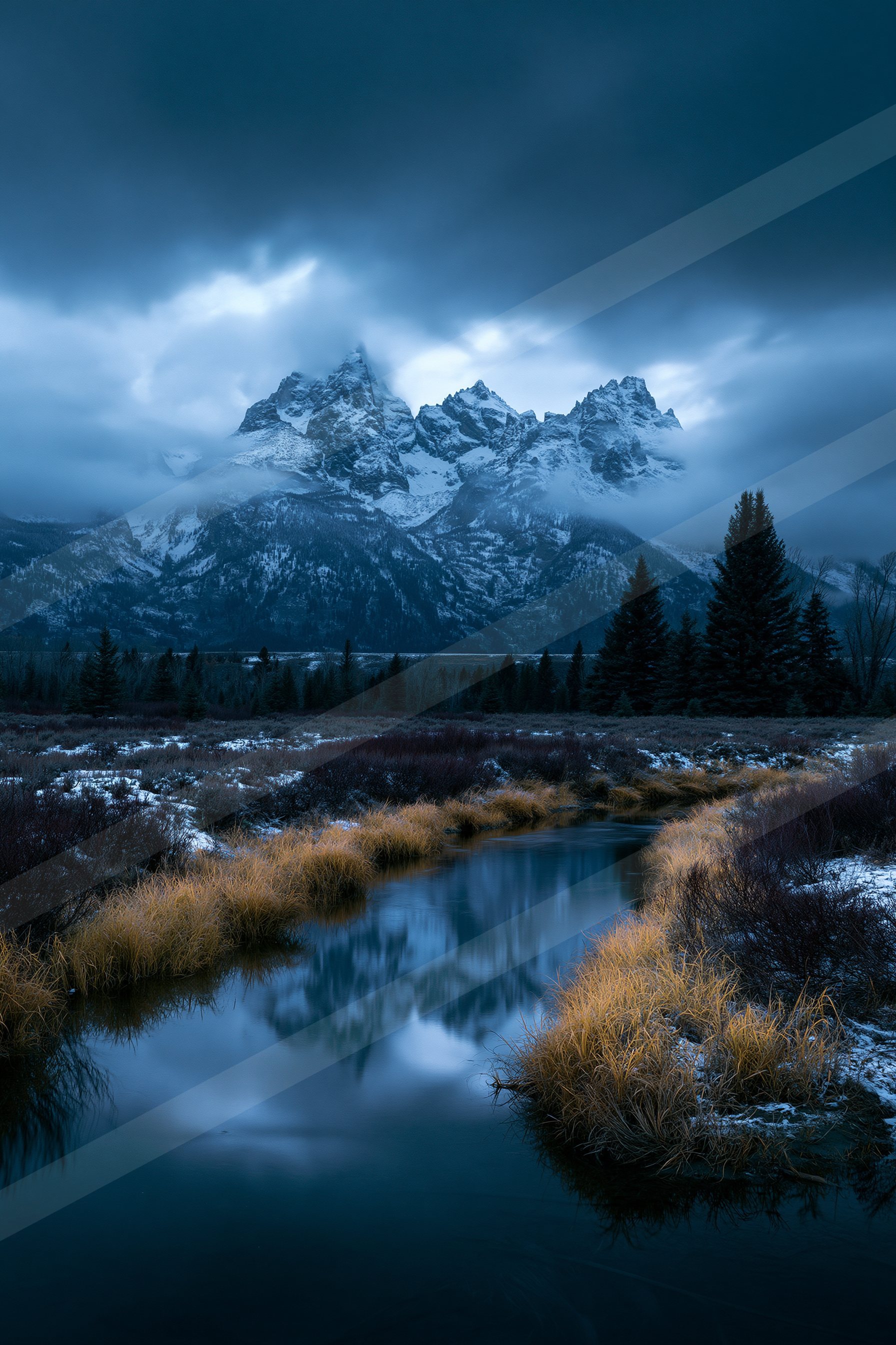 A blue hour panorama landscape of a mountains, reflection.