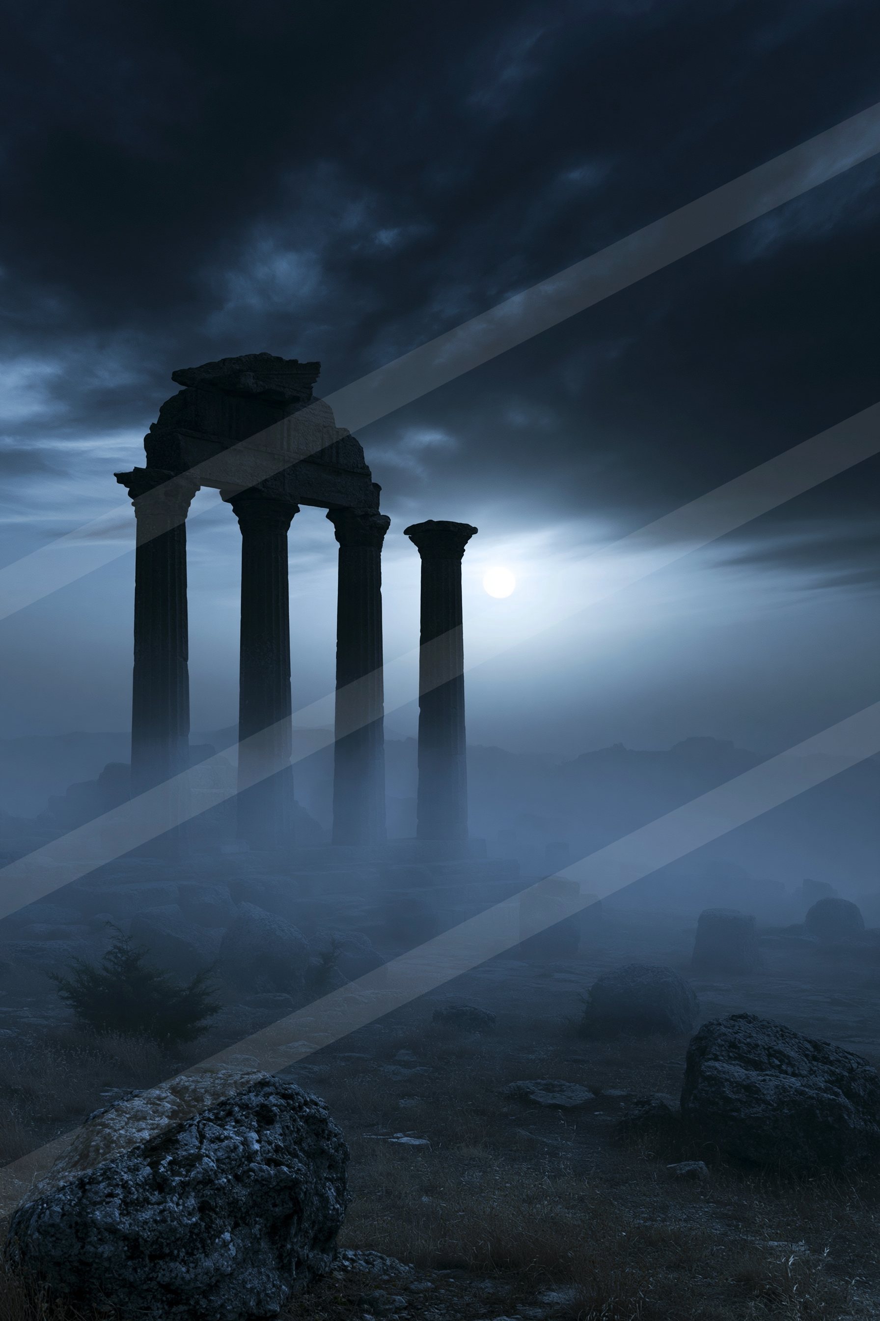 Foggy stone columns.