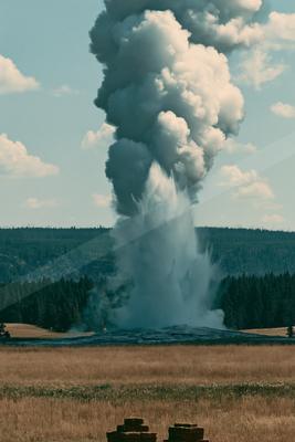 A powerful geyser erupts with a towering column of steam and water against a blue sky with clouds, set in a vast grassy meadow with a forested hill in the dista