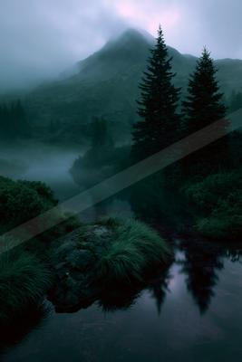 A serene mountain lake surrounded by mist, with tall evergreen trees and rocky grassy banks in the foreground under a moody sky.