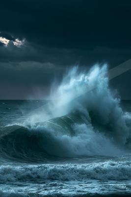 A massive ocean wave crashes and breaks into a frothy spray under a dark, moody sky with hints of light breaking through the clouds.