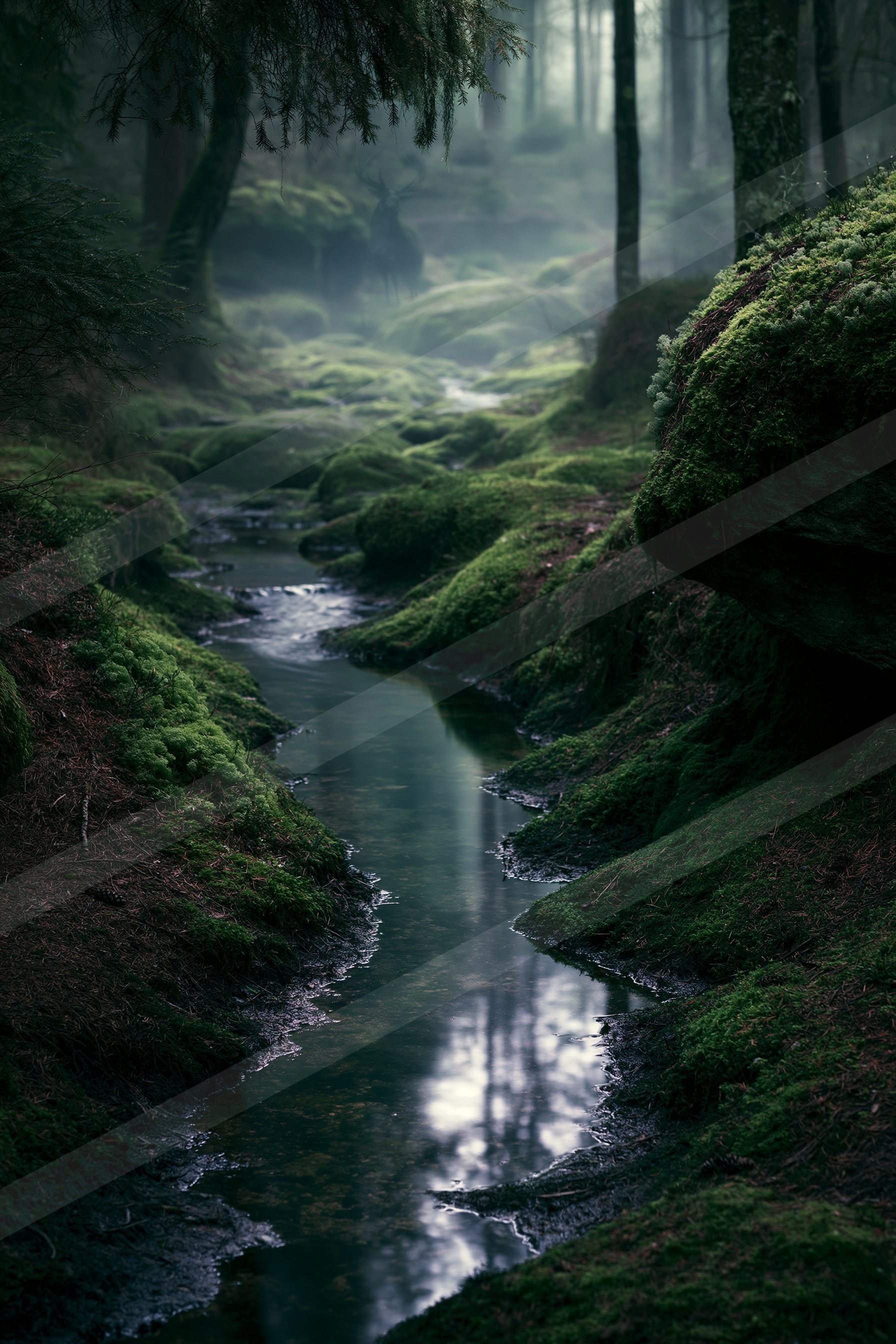 An ethereal water scene of a stream, reflection.