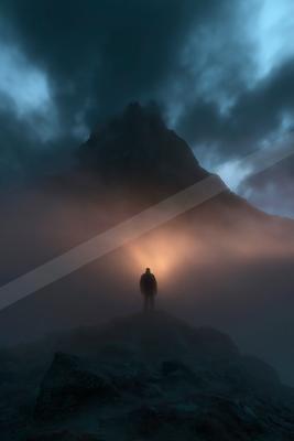 A mysterious landscape of a volcano, fog.