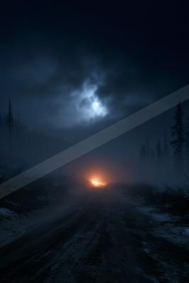 A dramatic nighttime view of a snowy dirt road disappearing into dense fog, illuminated by the bright orange headlights of an oncoming vehicle, with a luminous 