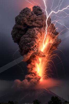 A powerful volcanic eruption at night, with a massive dark ash plume rising into the sky, bright orange lava shooting upwards, and multiple lightning bolts stri