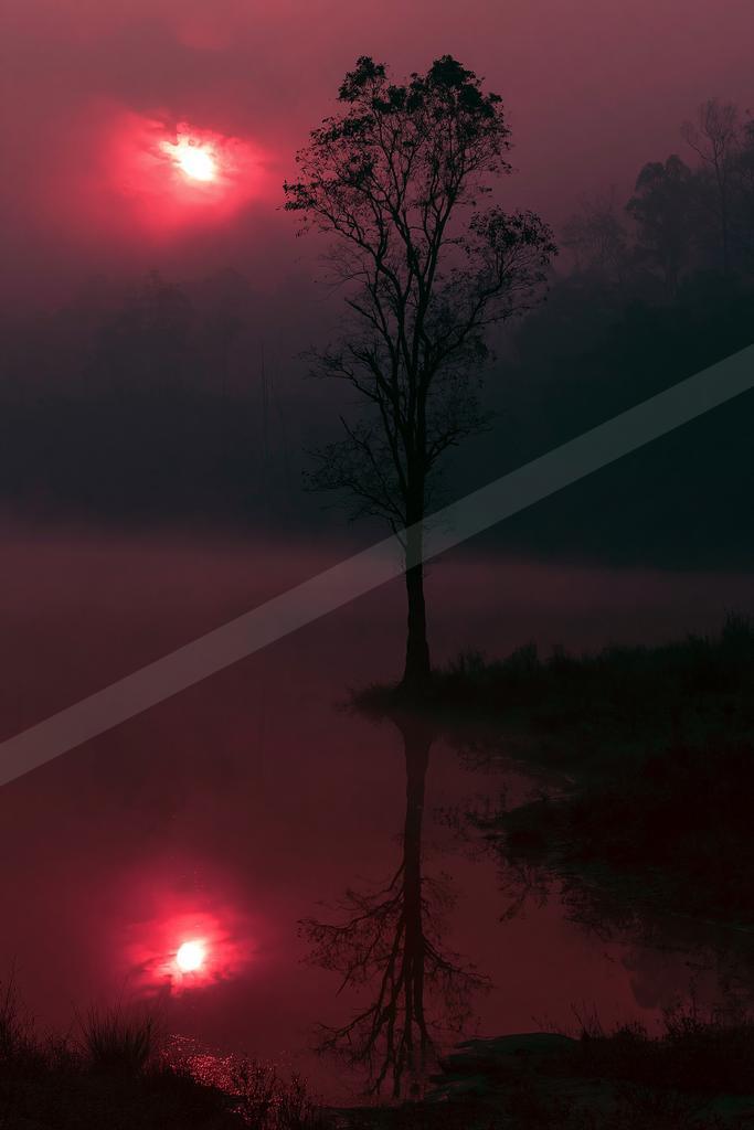 A night nature scene of trees, sunrise, lake.