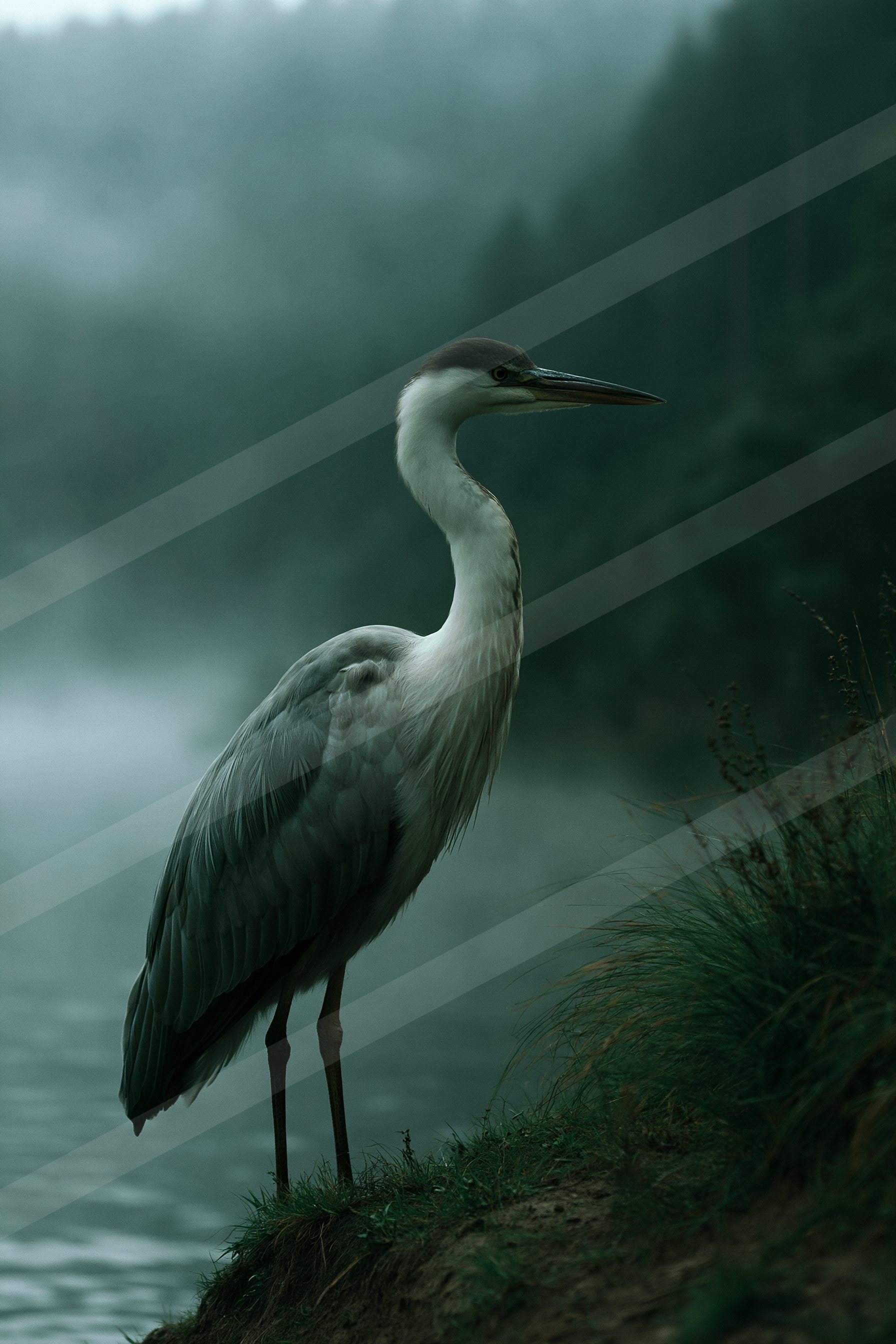 A grey heron stands gracefully on a grassy bank near mist-covered water, surrounded by dense forest.