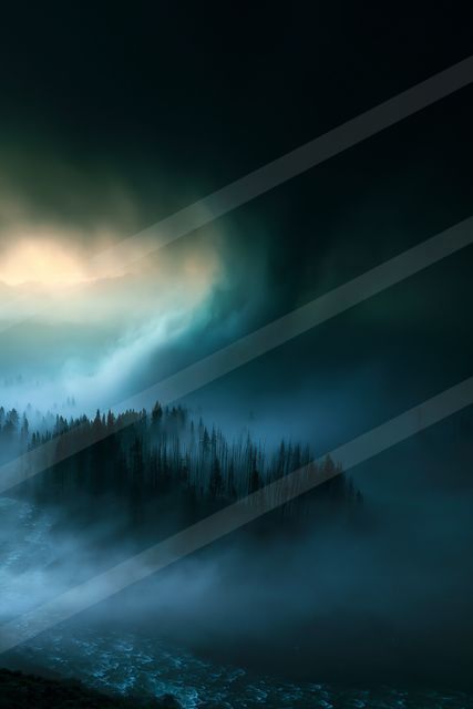 A night panorama sky scene of a storm, fog.