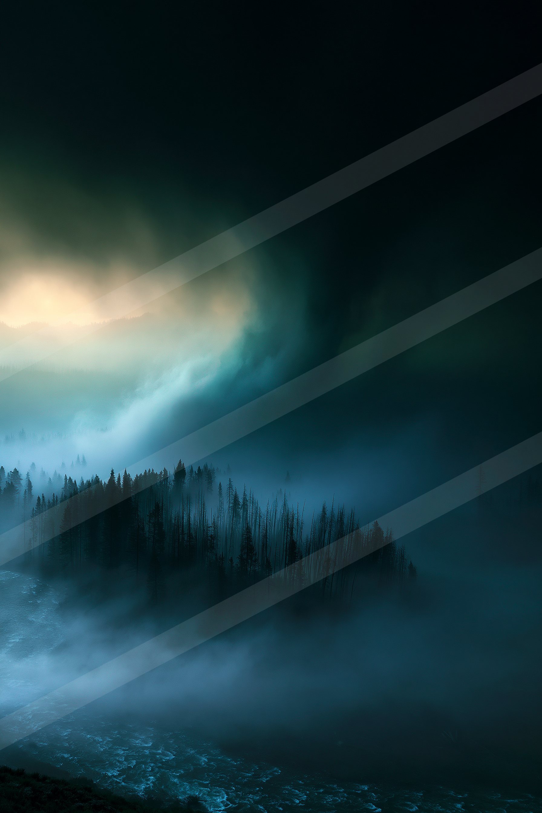 A night panorama sky scene of a storm, fog.