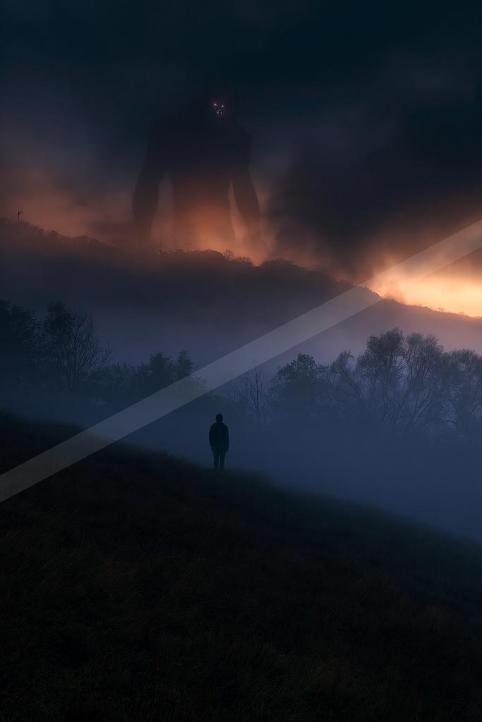 A towering creature with glowing eyes stands silhouetted against a fiery sky, while a lone figure walks through dense fog on a hillside below.