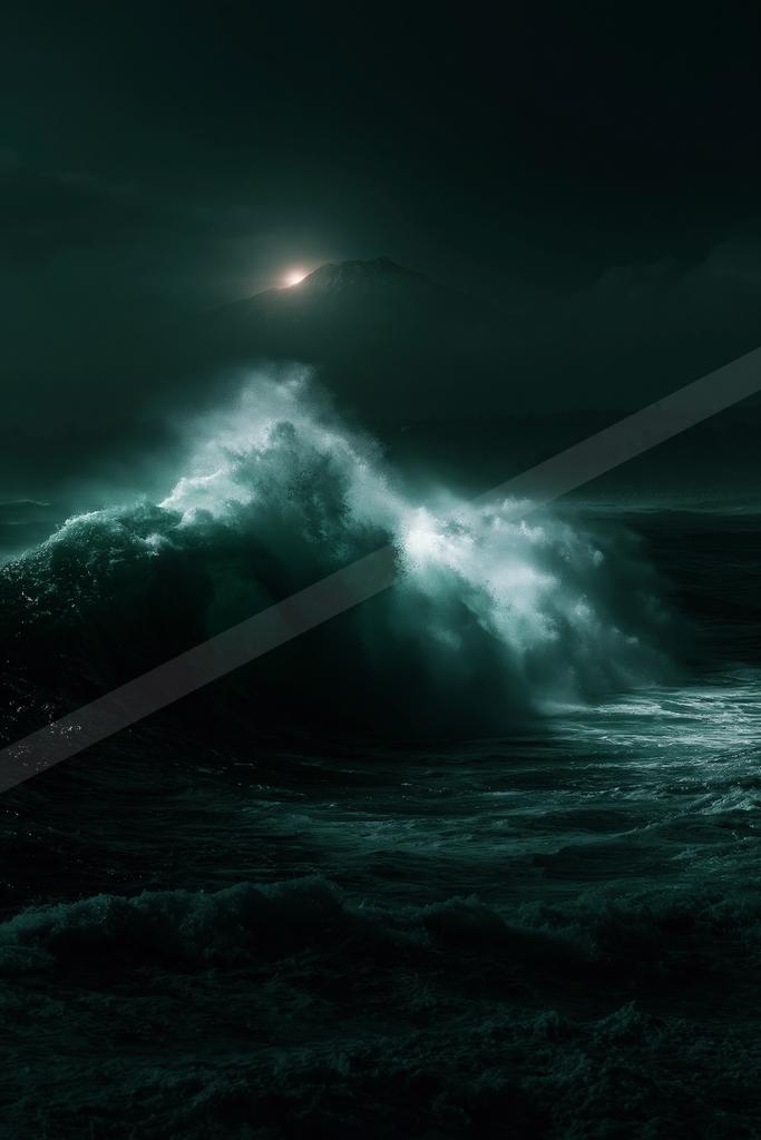 A night water scene of ocean.
