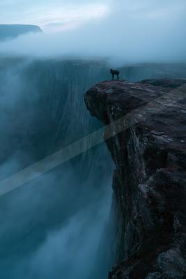 A moody water scene of waterfall, fog.
