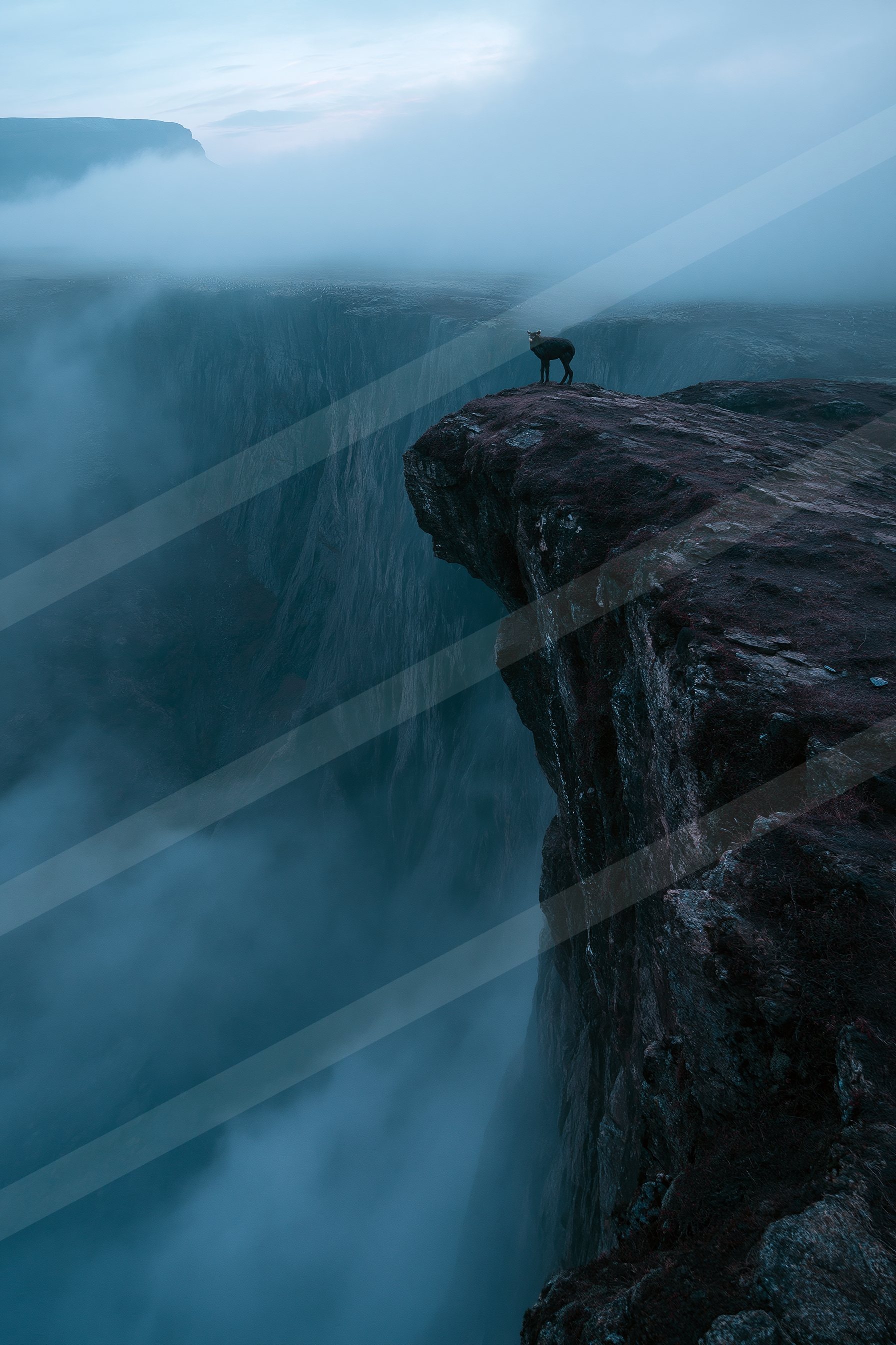 A mysterious landscape of a cliff, fog.