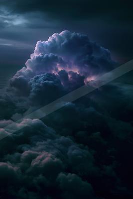 Massive, towering cumulonimbus storm clouds illuminated with purple and pink hues against a dark sky during twilight.