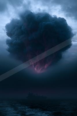 A black-toned moody photograph of volcano, geyser, space shuttle.