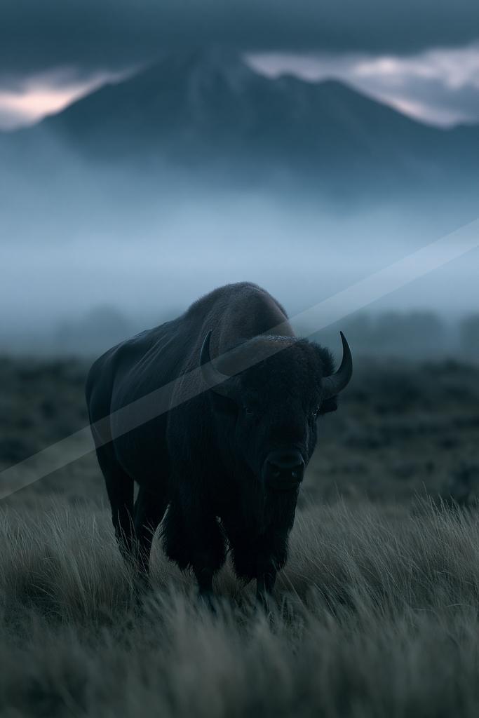 A large dark American bison with curved horns walks toward the viewer through dry grass in a foggy mountain valley under dramatic cloudy skies.