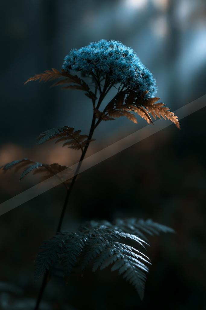 A blue hour nature scene of flowers, forest, plants.