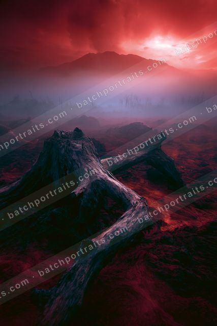 An ethereal panorama landscape of a volcano, dust.
