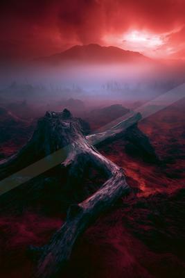 A dramatic landscape of valley, mountains, desert.