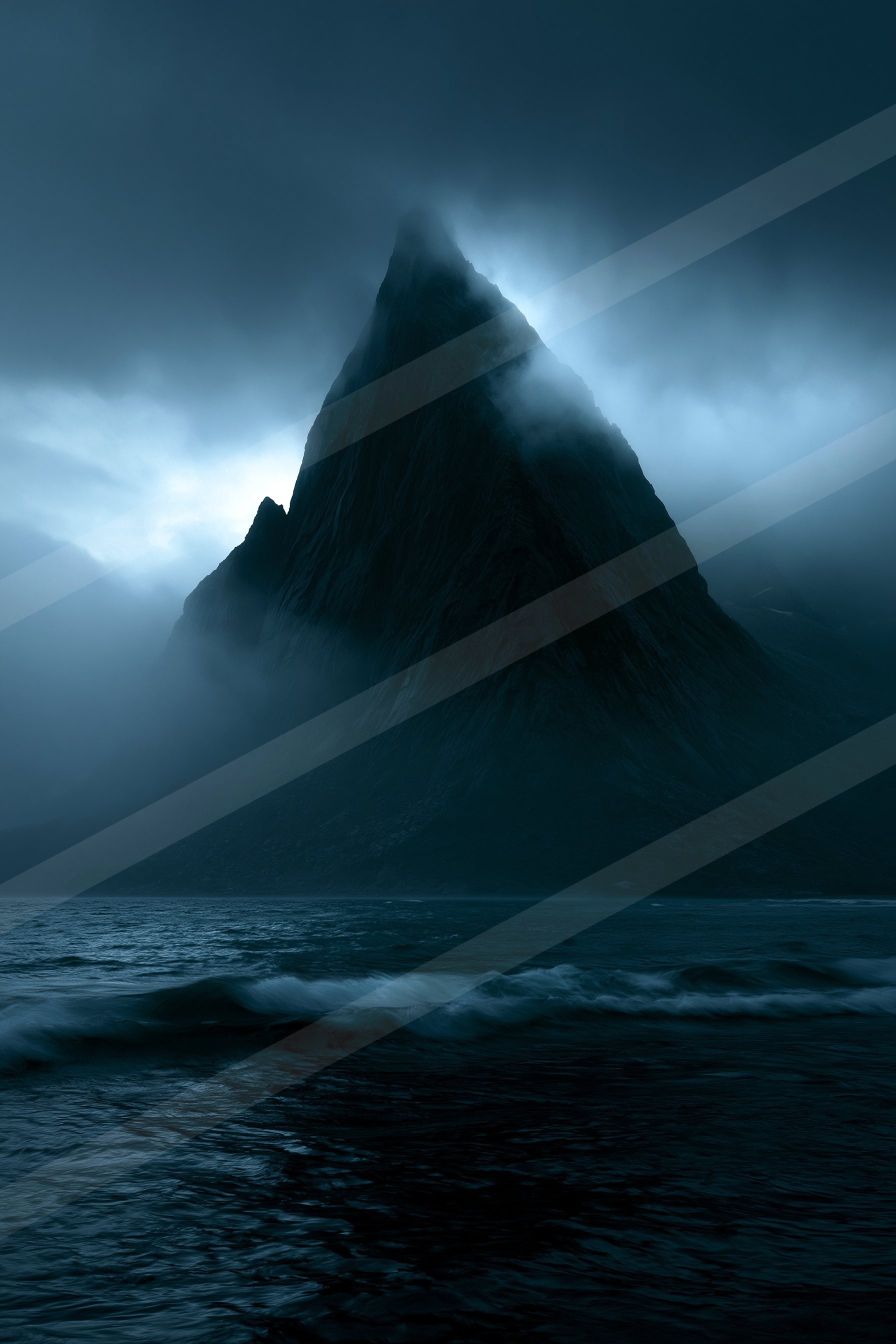 A mysterious landscape of a volcano, fog.