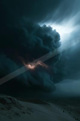 Massive dark storm clouds with lightning and a glowing break loom over a sandy desert landscape with dunes under a moody sky.
