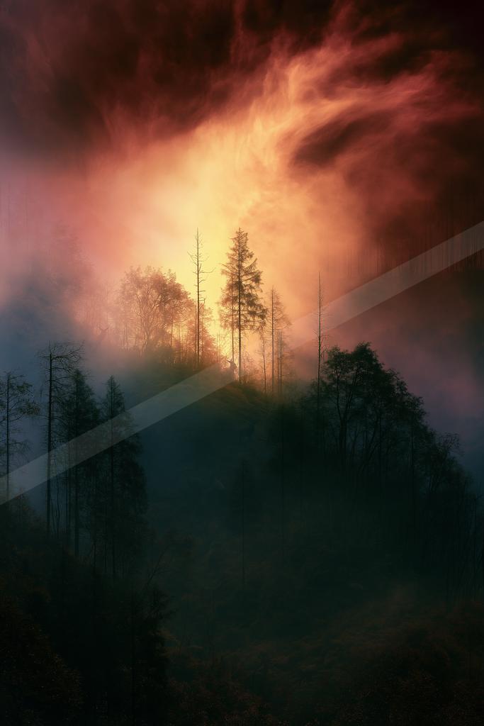 A moody nature scene of forest, trees, mountains.