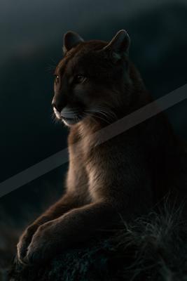 A mountain lion with tawny fur and white muzzle lies on a dark rocky surface, gazing intently to the left in low light.