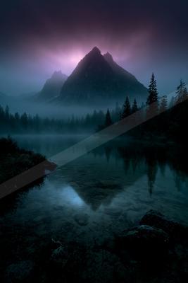 A mysterious panorama sky scene of an aurora, reflection.