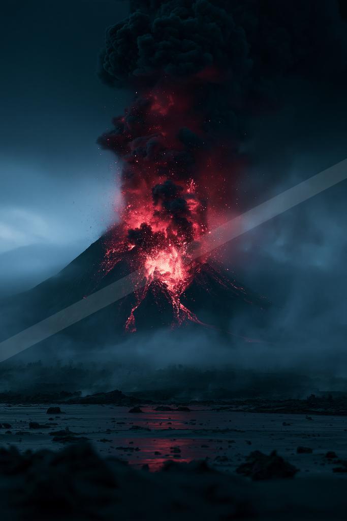 A black-toned moody photograph of volcano, geyser, mountain tent.